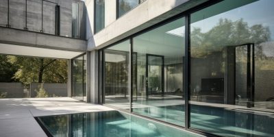 Design house - modern villa with open plan living and private bedroom wing. Large terrace with privacy and, swimming pool. Generative AI